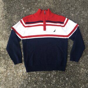 Nautica Sweater 1/4 Zip Pullover Knit Sweater Kids 10/12 Navy Red White Stripe